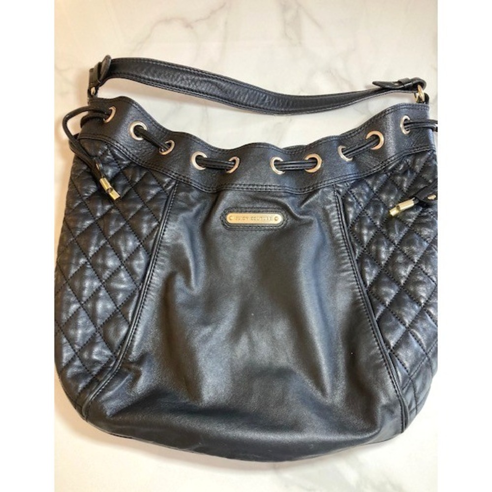 Vtg Y2K Juicy Couture Black Leather Hobo Shoulder Bag Quilted Gold Hardware Lrg